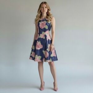 Jessica Howard Floral Print Fit & Flare Satin Dress Womens 8 Navy Blue Pink Midi